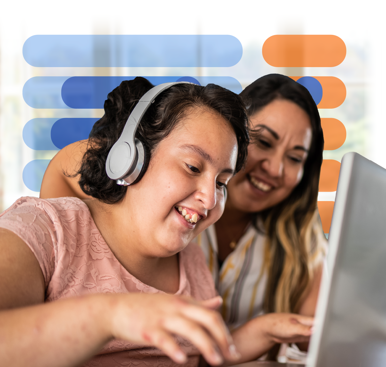 Young girl with headphones using a laptop and her mother watching her